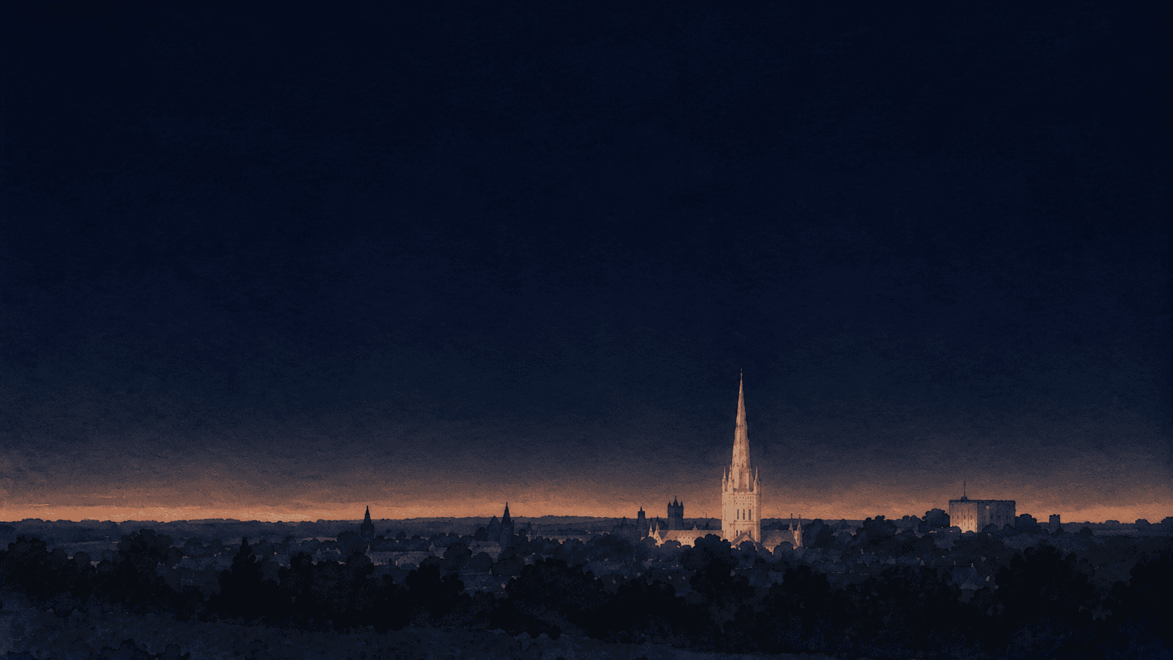 A painting of Norwich at dusk